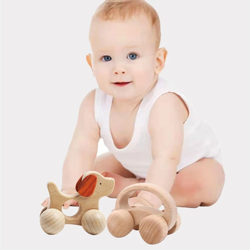 Q0KB Montessori Toys Wooden Rattle Brain Game Car, Handmade Crafts Gift Child Block Car, 1Pcs Puppy/ for Pony/ Beech Car