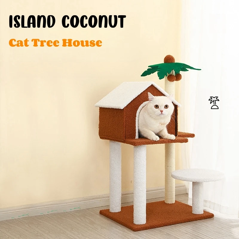 

Coconut Tree Cat House And Condos Multifunction Cat Tree With Sisal Rope Scracthing Posts Wooden Cat Tower For Climbing, Sleep