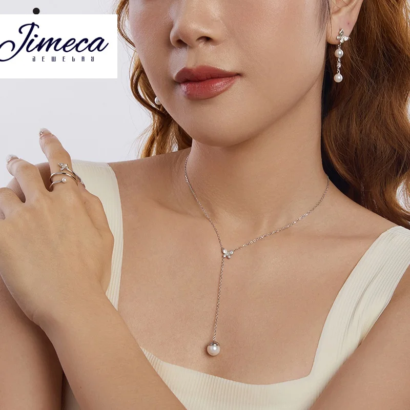 

Pearl Necklace/Earring/Ring silver 925 jewelry sets, long pendant butterfly Wedding Ear set Neck chain jewellery women