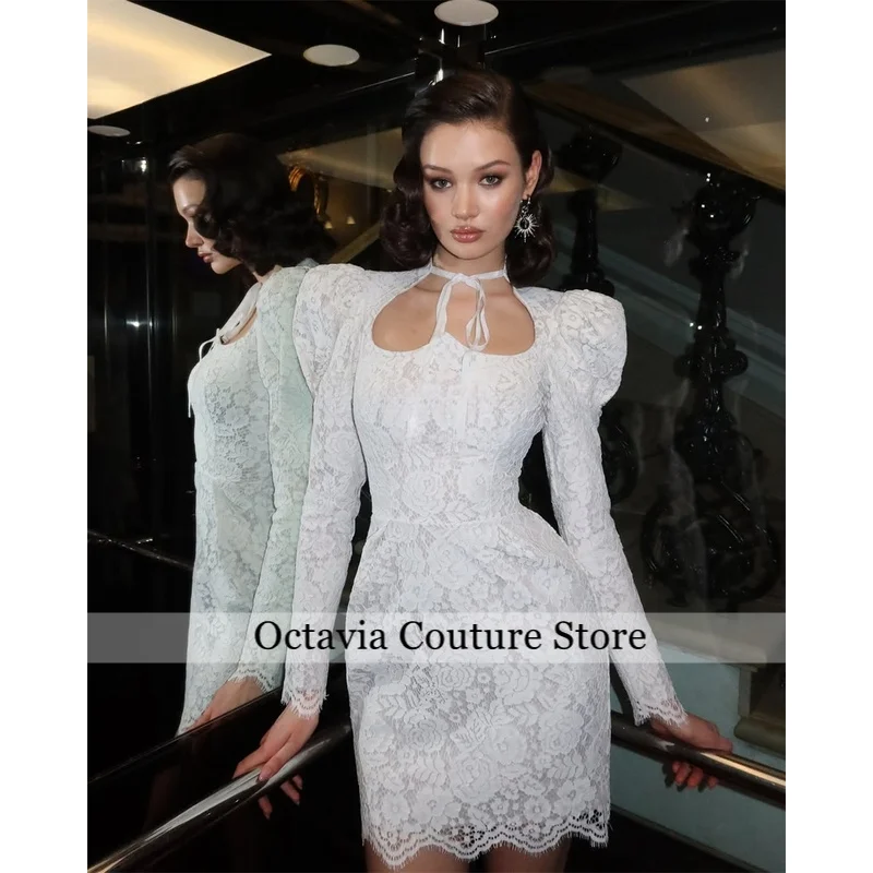 Abiti da sposa corti in pizzo bianco con maniche lunghe a sbuffo ritagliate mini abito da sposa sexy abiti da sposa personalizzati