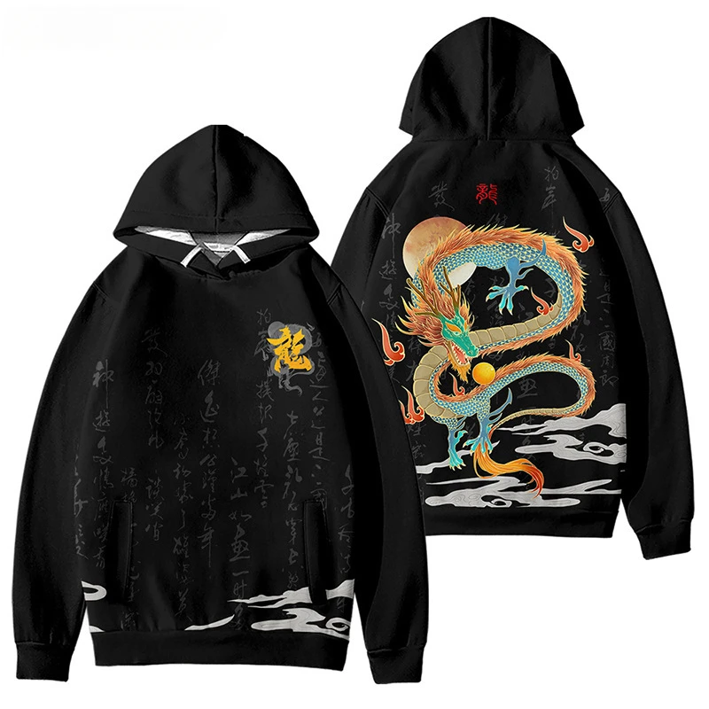 Dragon Print Harajuku Hoodie Pullover Sweatshirt Plus Size 4XL 5XL Hip Hop Hoodie Streetwear Men Autumn White Hooded