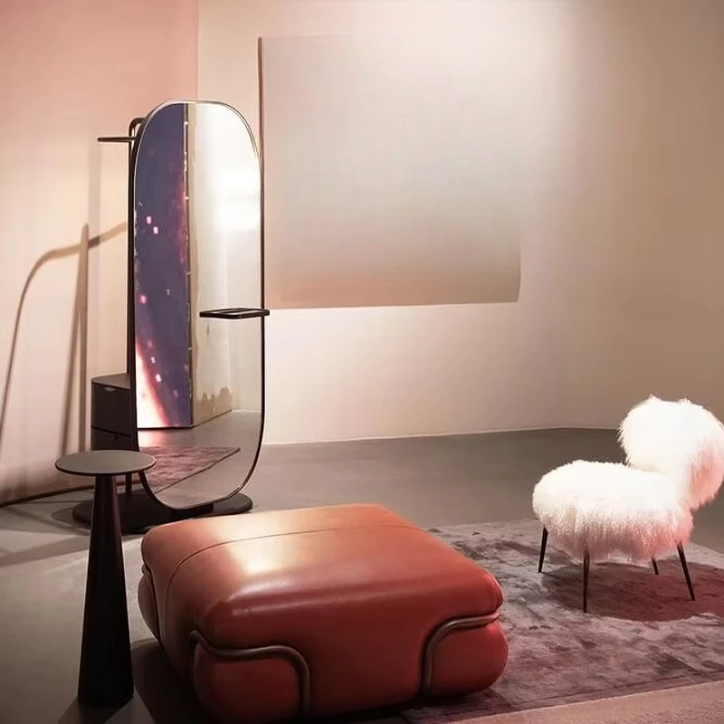 High-end floor-to-ceiling saddle leather coat rack with full-length mirror for modern home bedrooms