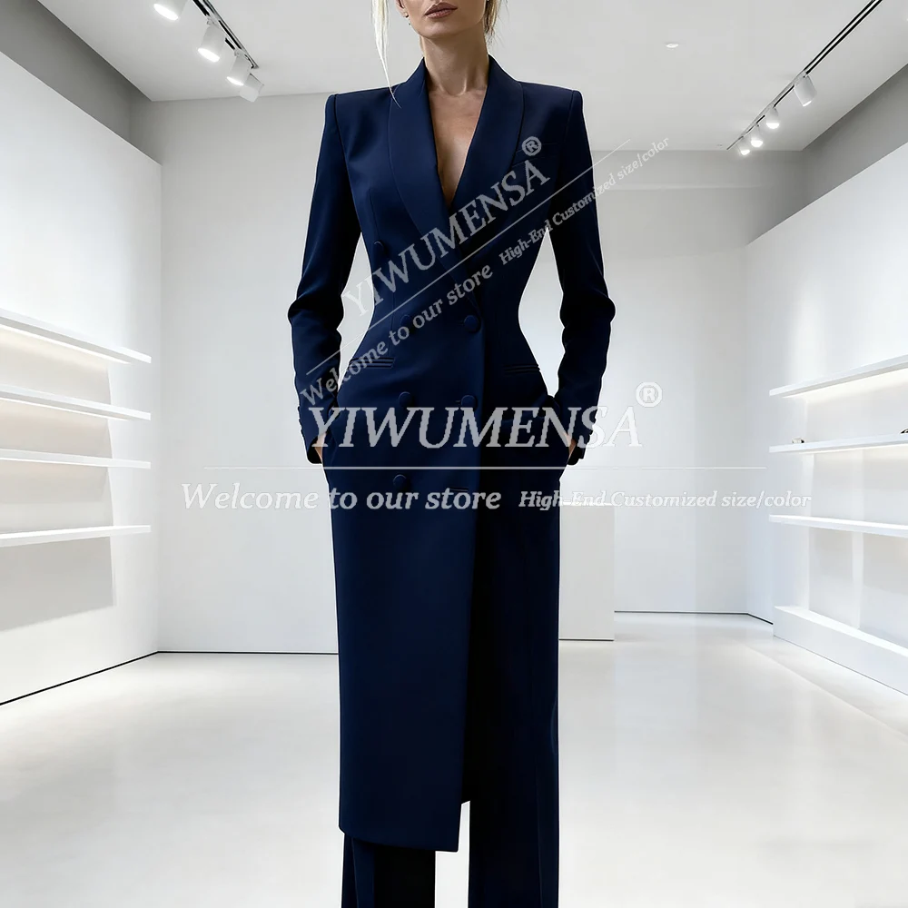 Elegante effen damespakken 2-delig dubbele rij knopen piek revers jas broek sets mode prom blazer lange aangepaste dame kledij