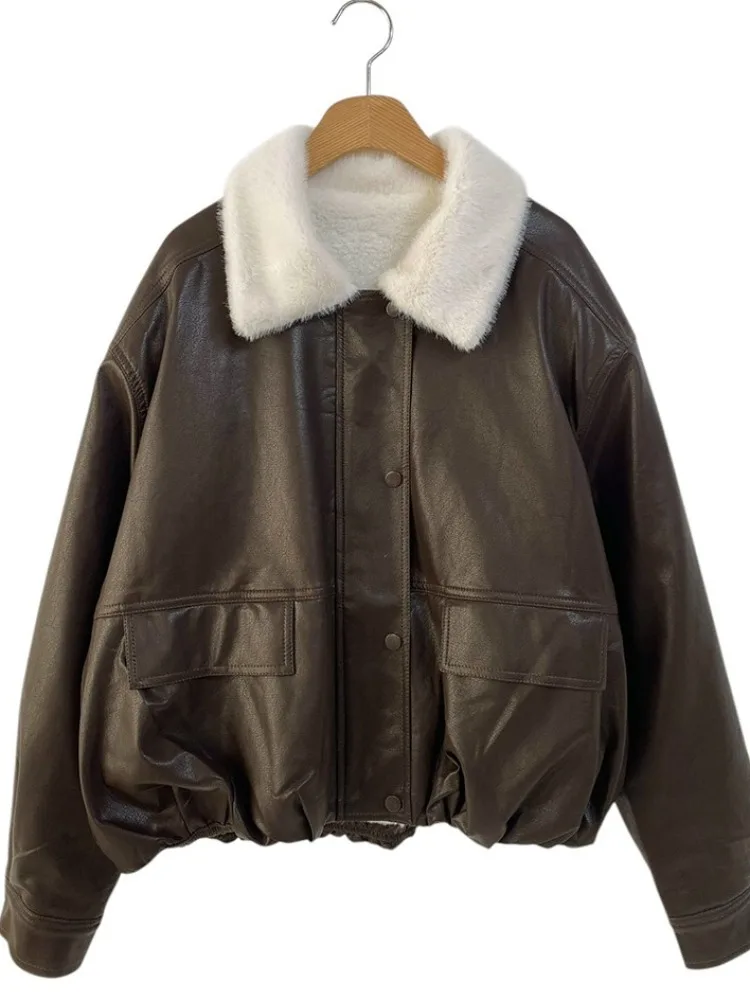 Retro pele de cordeiro couro do plutônio jaet ort outerwear feminino inverno flip gola de pele quente hong sle legal picante roupas da motocicleta