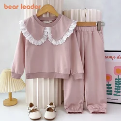 Bear Leader Autumn Kids Clothes Girls Outfits Top+wide Leg Pants 2-piece Set Pink Lace Doll Collar Long Sleeved Sweatshirt Sets