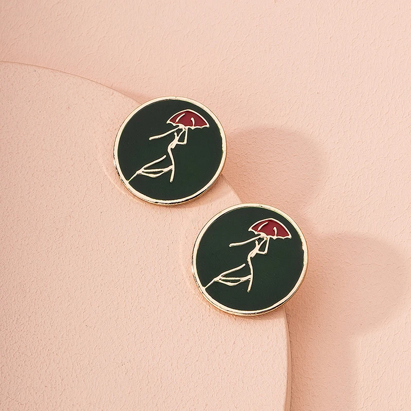 

Fashion European American style enamel glaze abstract art lines small red umbrella pattern earrings, outing party jewelry