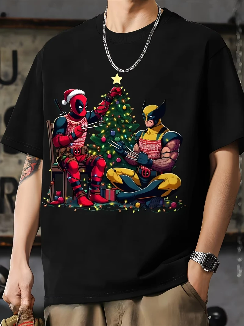 

Новая летняя футболка с рождественским принтом Marvel Deadpool Wolverine для мужчин и женщин, свободный топ с короткими рукавами больших размеров