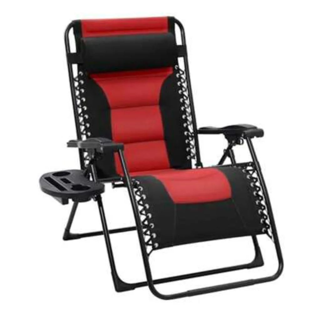 Oversized Padded Zero Gravity Chair Folding Recliner Outdoor Patio Lounge Chair Anti Gravity Chair for Backyard with Headrest Cup Holder Side Tray Polyester Mesh Black Red