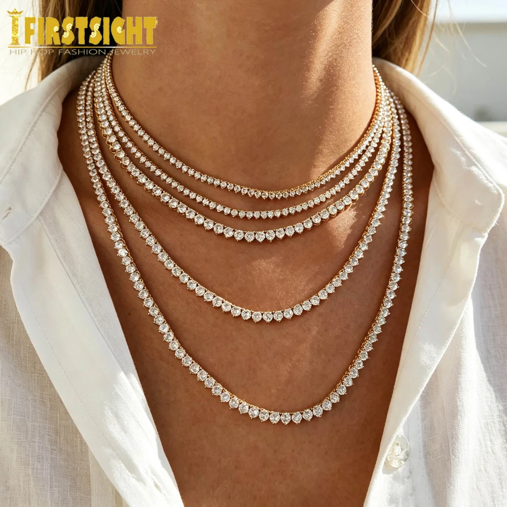Iced Out Bling Zircon 3mm Tennis Chain Necklace 3 Prong Gold Silver Color CZ Charm Choker Women Man Hip Hop Fashion Jewelry