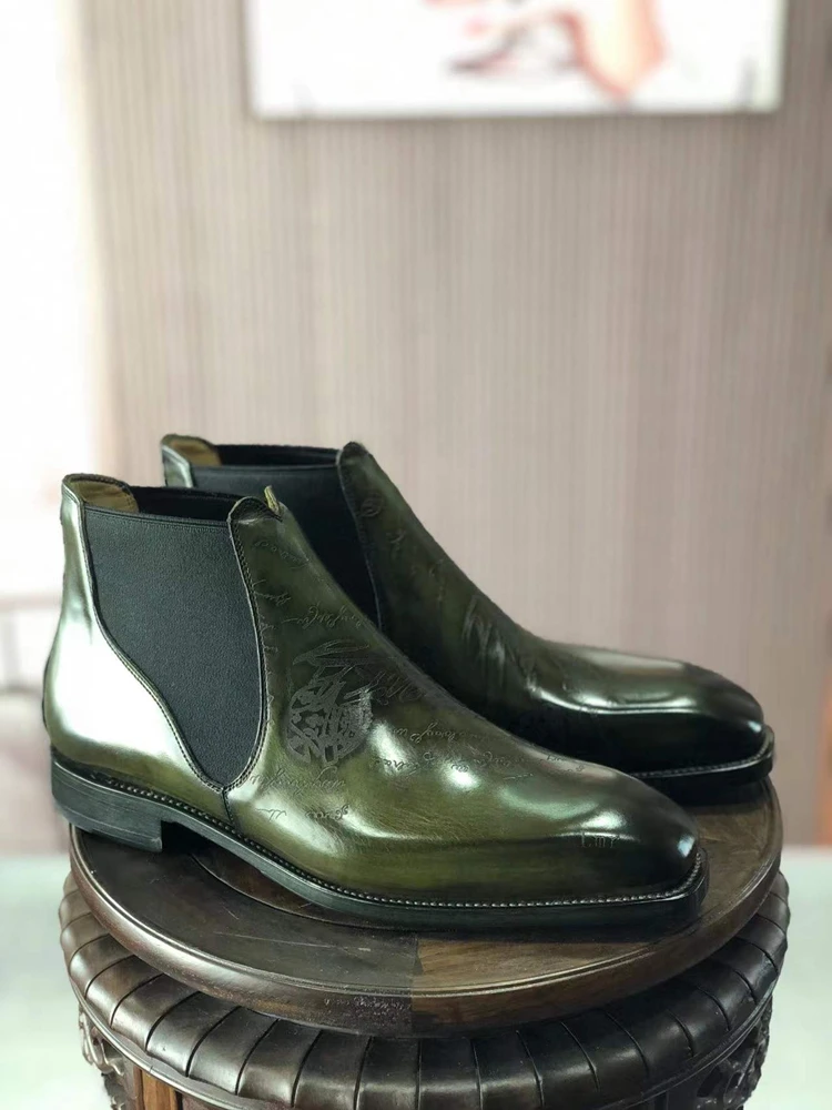 cie Laser Design Chelsea Boot Hand-Painted Full Grain Calf Leather Patina Green Handmade Leather Out-sole Ankle Boots  MA09