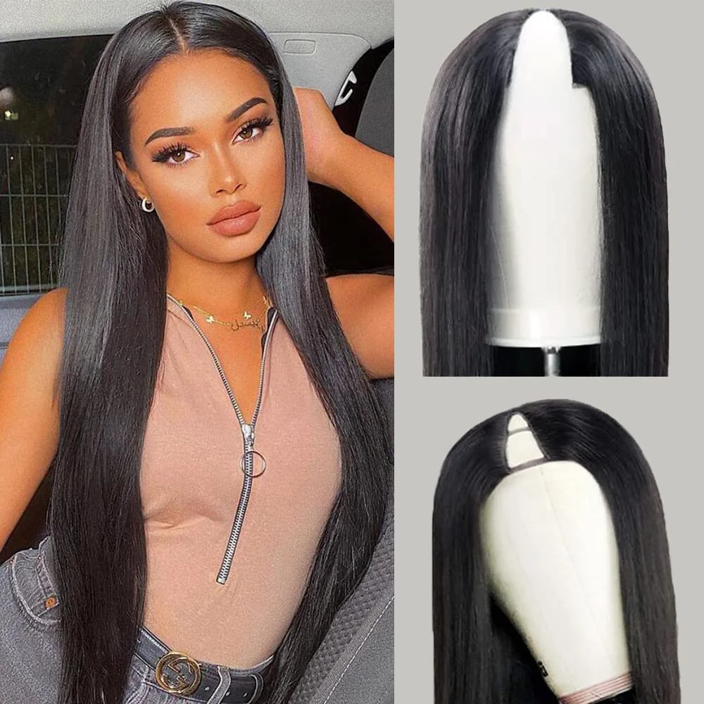 

V Part Wig Human Hair Straight Upgrade U Part Human Hair Wigs For Women No Leave Out No Sew In 200% Density Natural Color
