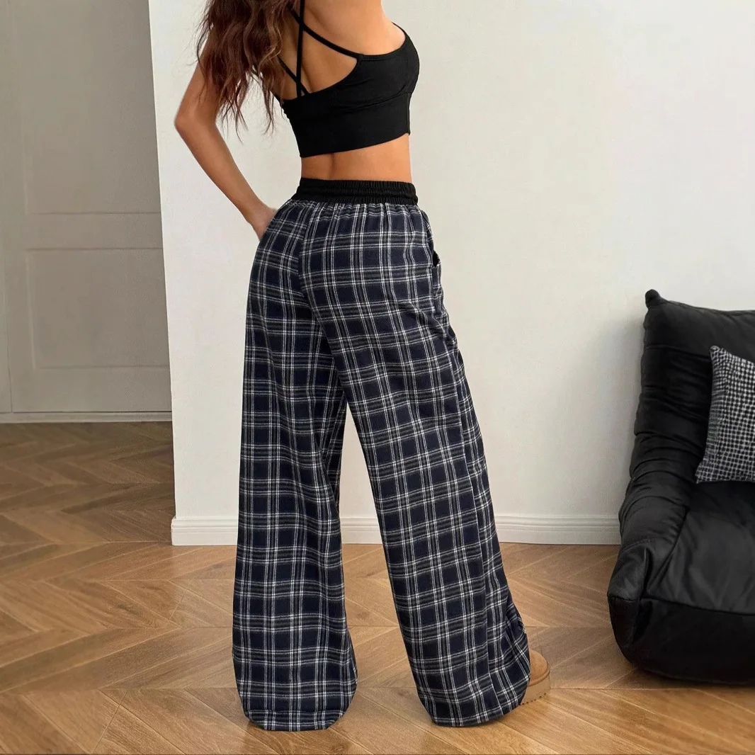 2025 Autumn New Fashionable Loose Elastic Waist Home Checkered Pattern Casual Pants
