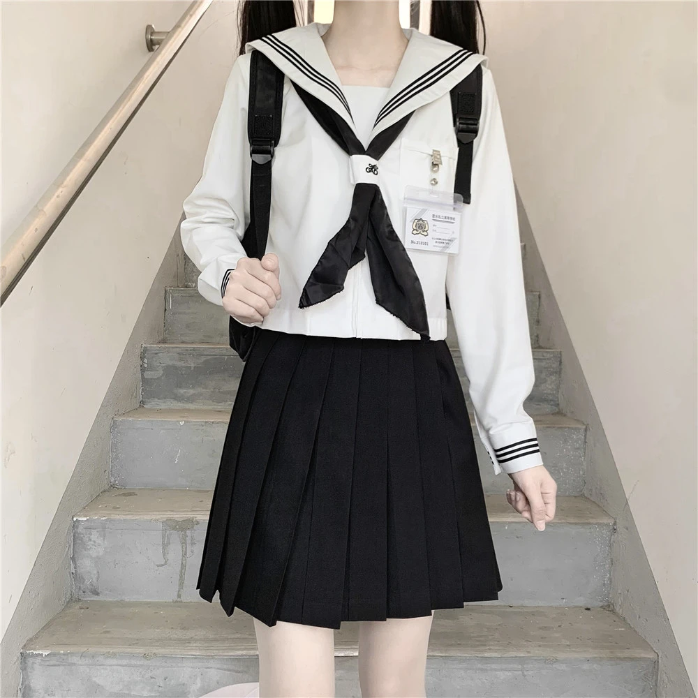 Japanese School Girl Uniform Set Three Lines Long Sleeve Black JK Suit Basic Sailor Uniform Sets Navy Costume Women Girl Costume