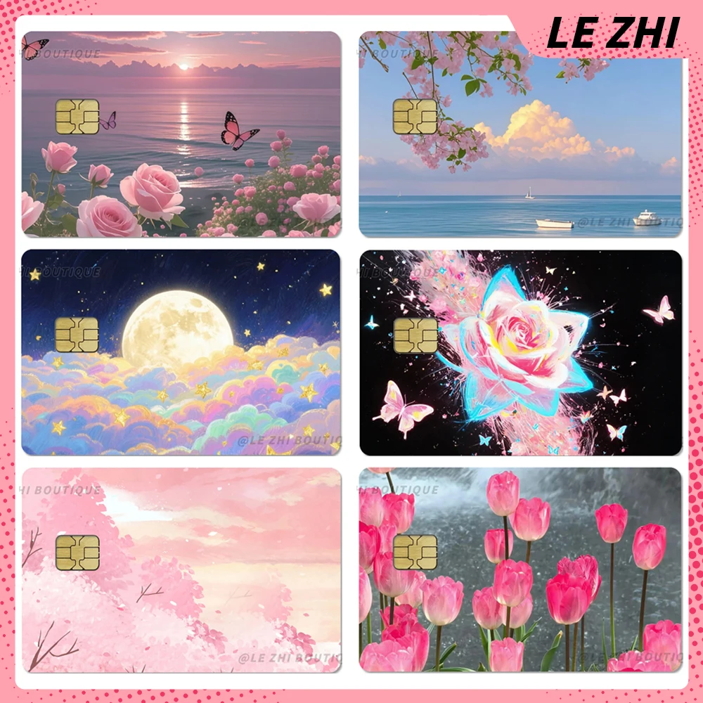 

Beautiful Romantic Flower Credit Card Waterproof Small Chip Protective Film Sticker Dreamy Dopamine Butterfly Bus Metro Sticker