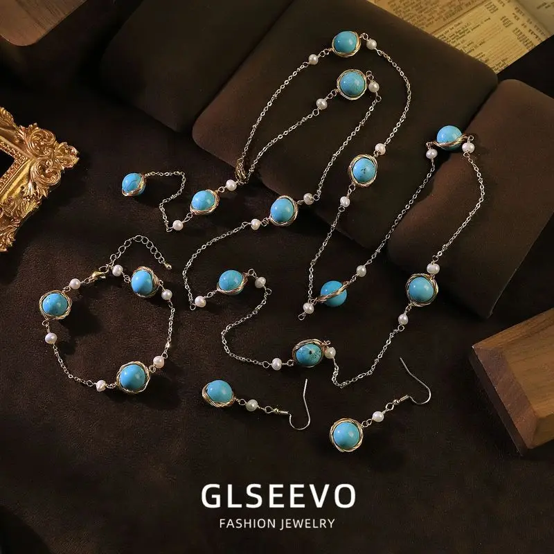 Design: A Set Of Three Pieces Including A Natural Pearl Turquoise Necklace Bracelet And Earrings – Versatile Jewe