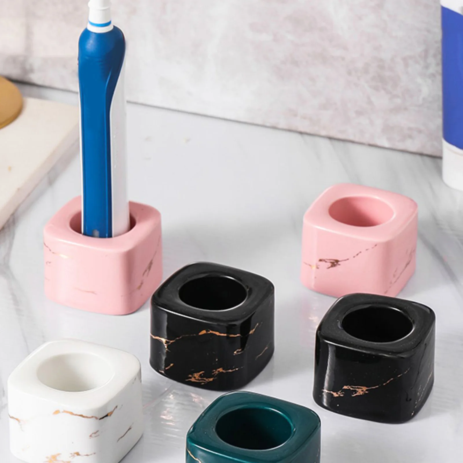 

Modern Ceramic Electric Toothbrush Stand Easy Maintenance Bathroom Counter Organizer with Stylish Marbling Texture Holders