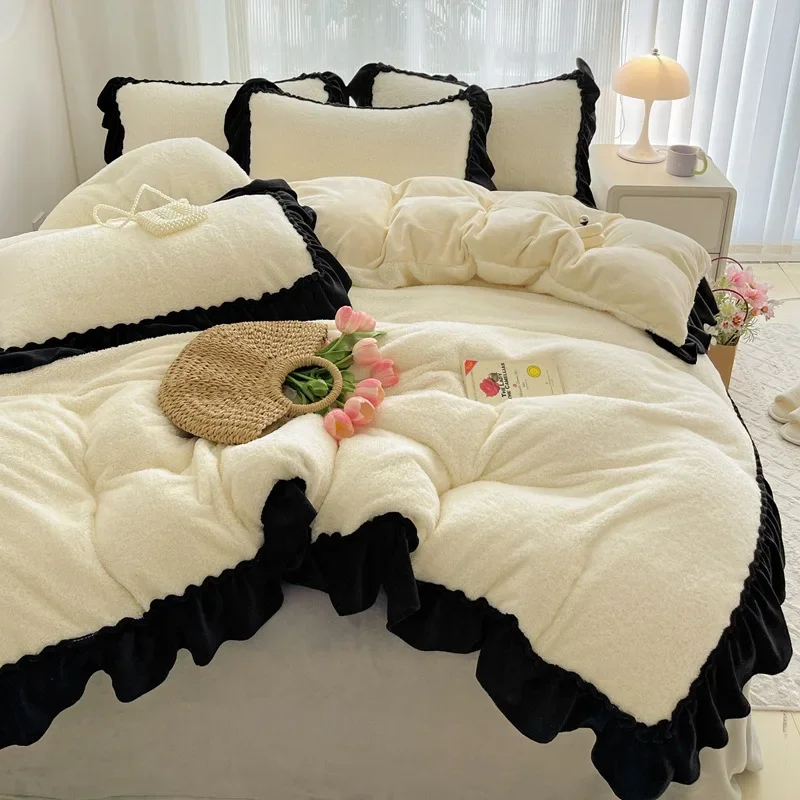 2024 teddy fleece winter new French milk fleece edging lace bed four-piece set