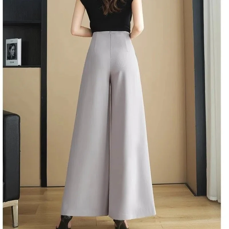 Korean Fashion Women Pants Summer Ice Silk Thin Casual Loose Office Lady High Waist Solid Zipper Double Breast Wide Leg Trousers