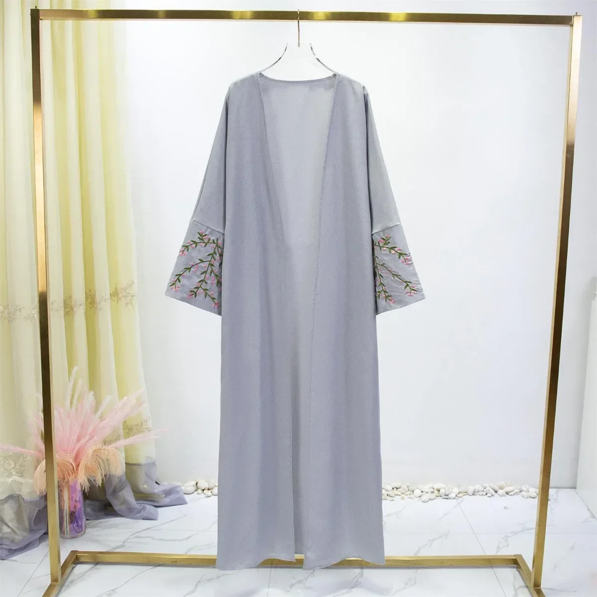 Embroidery Open Front Abaya Long Sleeve Maxi Length Dress Womens Clothing Muslim Cardigan Abayas Wearout Kaftans Women Jilbabs