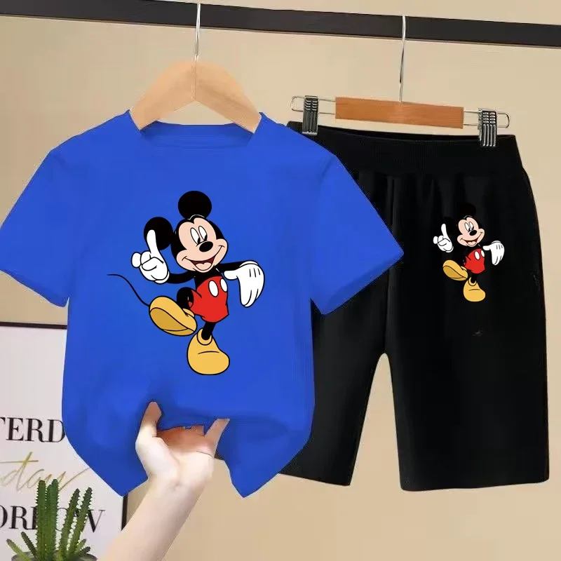 Disney Baby Girl Boy Clothes Set Summer Mickey Cartoon Printing Short Sleeve Tshirt and Shorts Bottom 2 Piece Suit Tracksuit