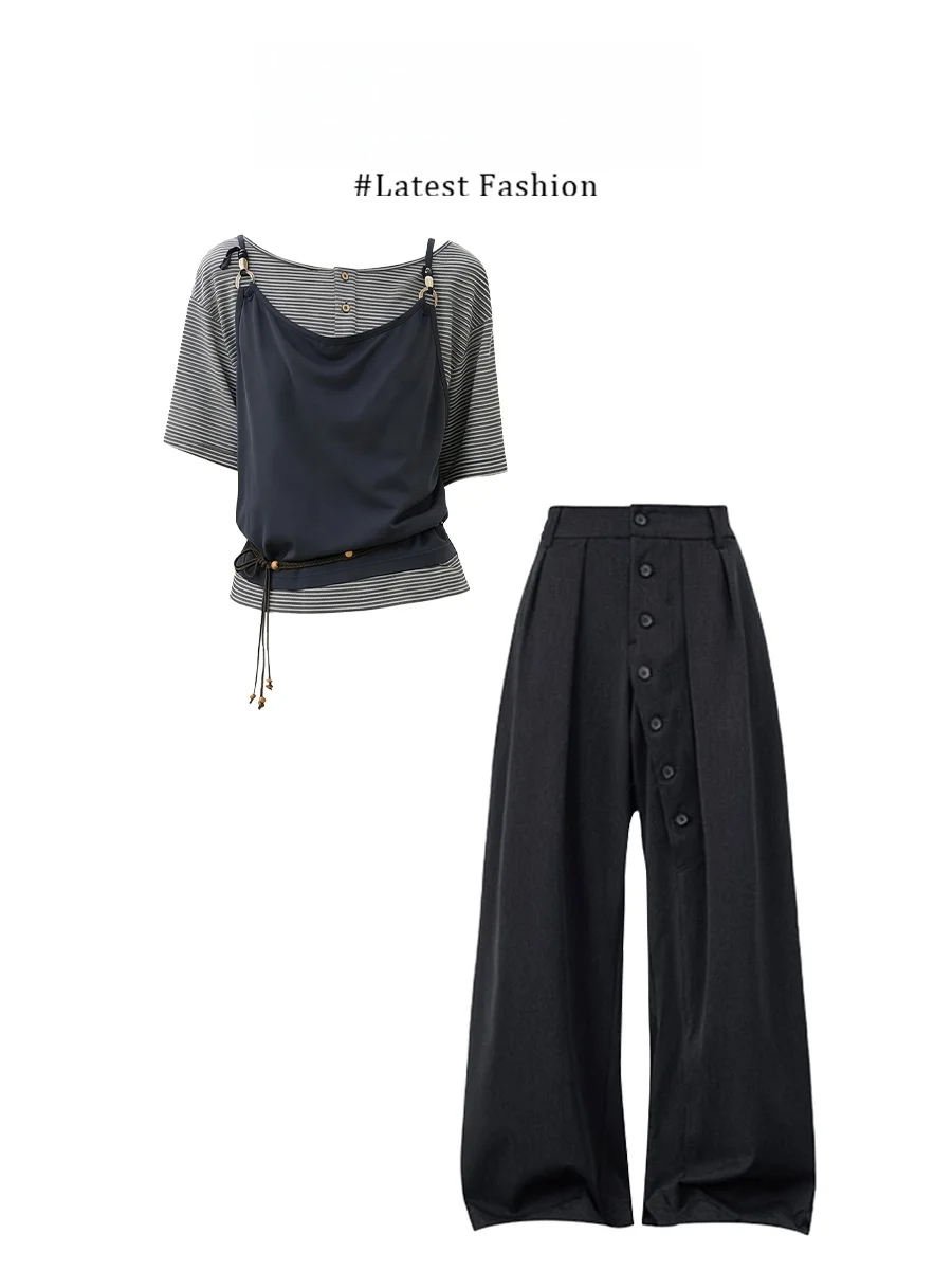 

Parkyeon Retro Striped Loose Casual Women's T-shirt And Pants Set Summer Fashionable Trendy Brand Breathable Quick-drying