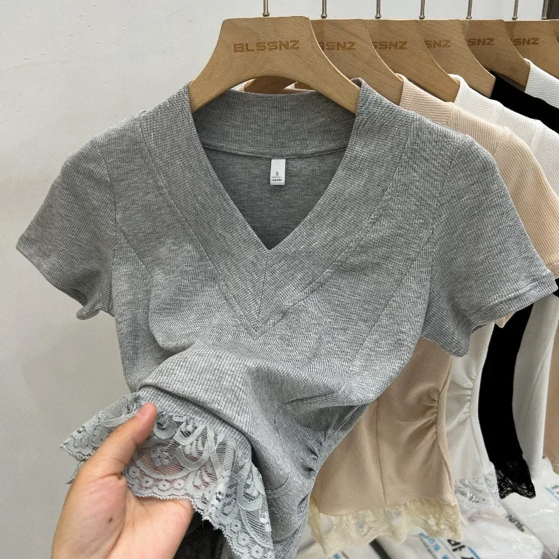 

2025 Sexy V-Neck Short Sleeve Tops For Women New Fashion Lace Splicing Summer T-Shirt Solid Slim Elastic Tees