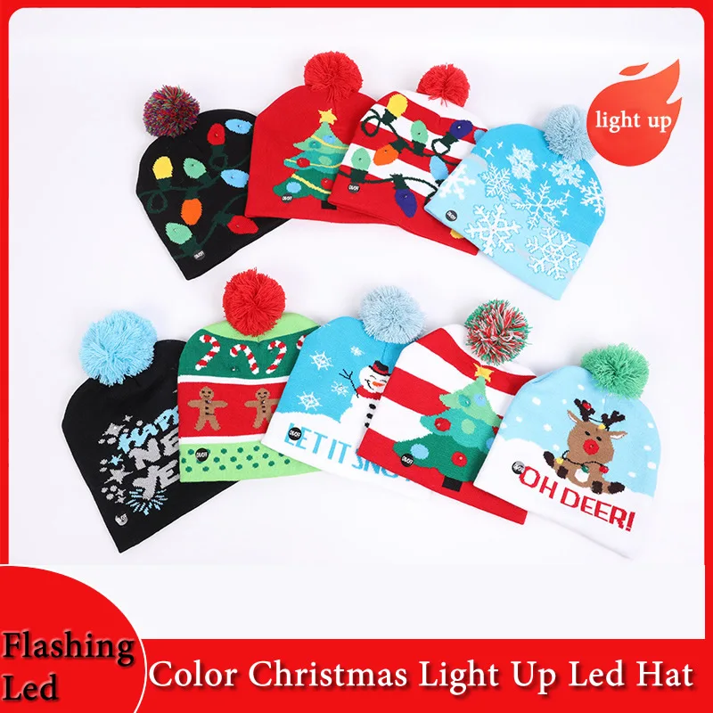 Creative LED Christmas Hat Light Up Knitted Cap Color Flashing Christmas Gift for Kids/Adults Xmas New Year Party Decorations