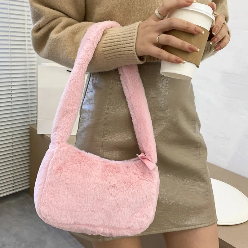 Simple Design Women Soft Plush Hobos Shoulder Bags Winter Furry Ladies Clutch Purse Handbag Fashion Female Underarm Bag