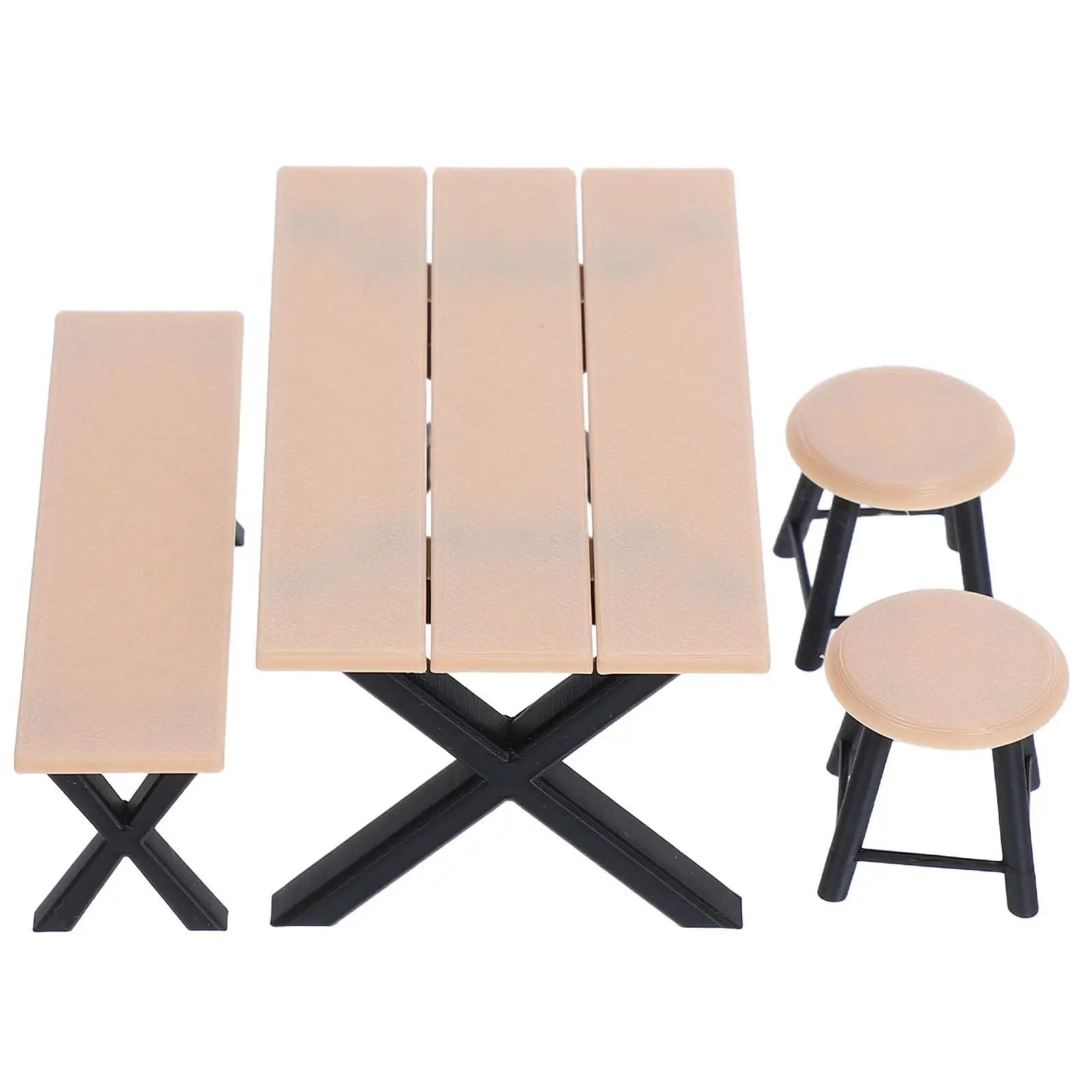

4Pcs Miniature Dollhouse Outdoor Furniture Realistic Camping Long Table Bench Round Stools Micro Landscape Accessories