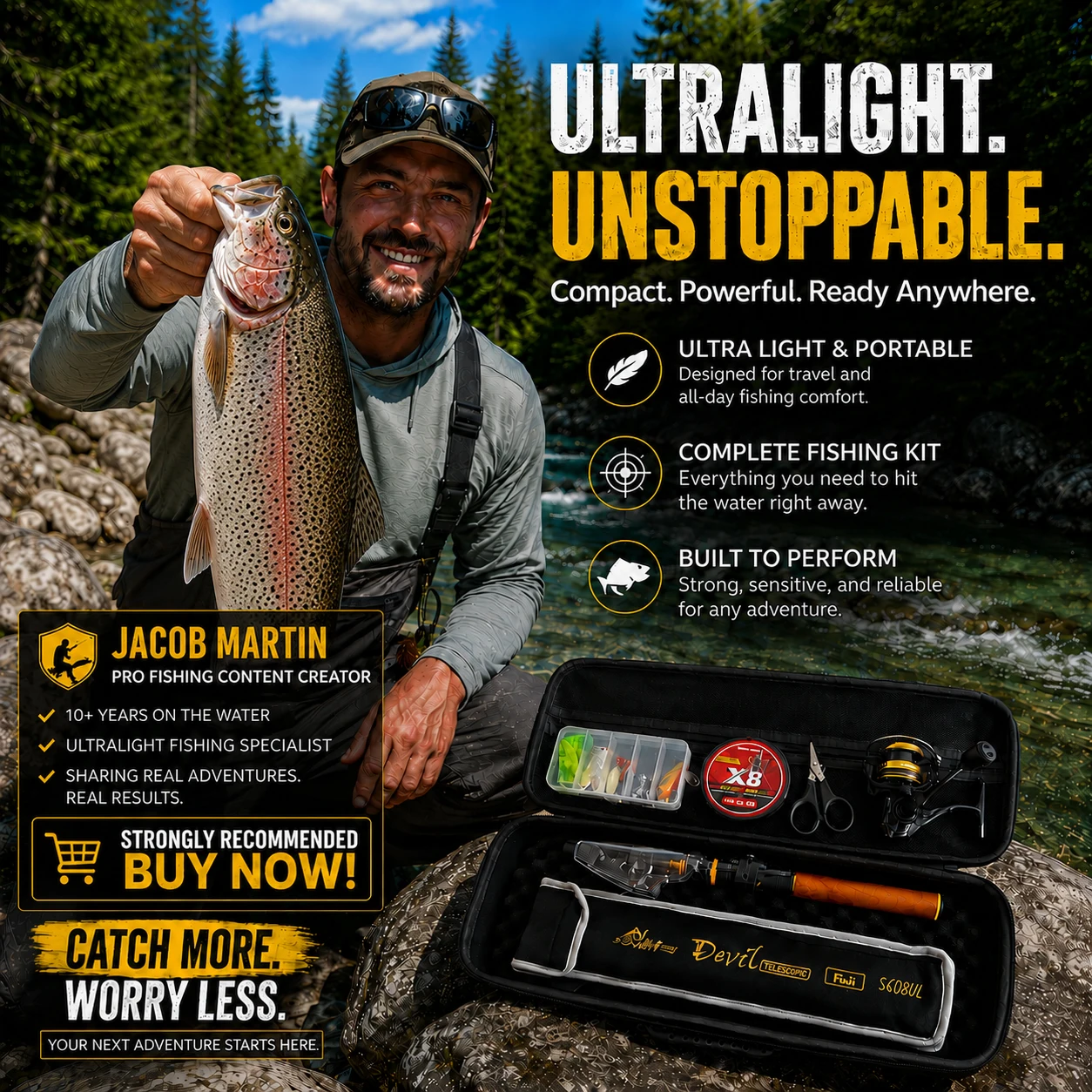 ROLLFISH Telescopic Ultralight Fishing Rod Reel Combo Kit Line Lures Scissors Bag UL Power Travel Lure Pole for Trout Crappie