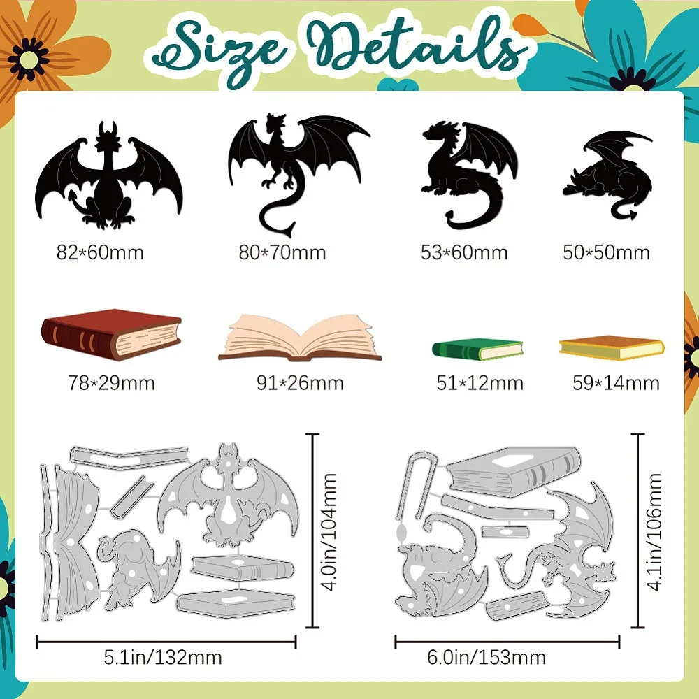 1set Dragon with Book Carbon Steel Cutting Dies Stencils Decorative Embossing Paper Card Dragon 132~153x104~106x0.8mm 2pcs/set