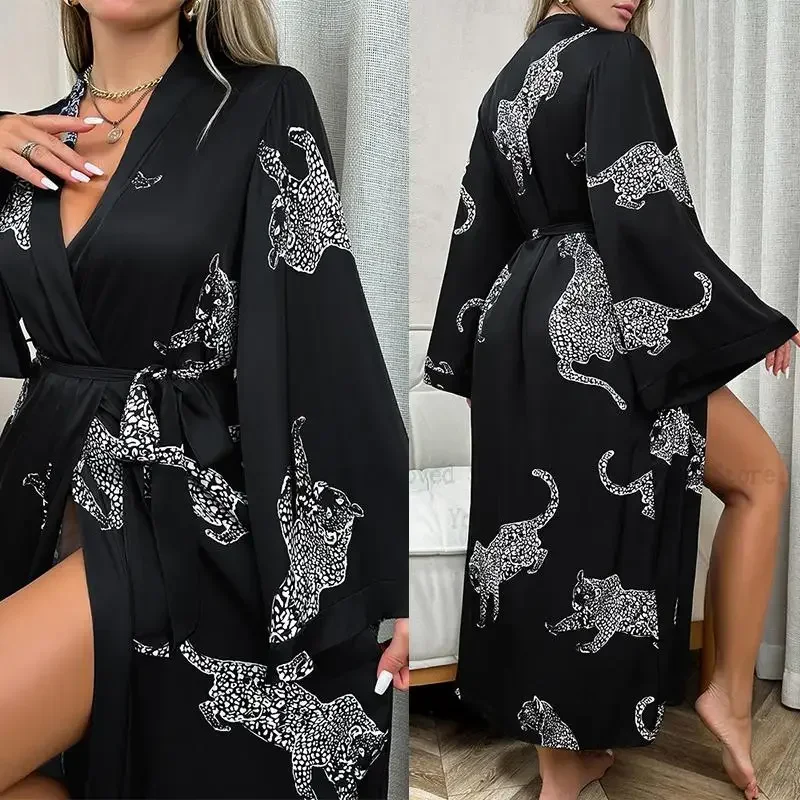 Long Kimono Sexy Leopard Print Robe Women Satin Loungewear Female Summer Spring New Sleepwear Loose Nightgown Intimate Lingerie