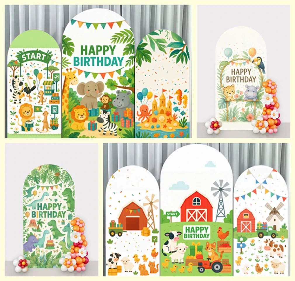 

Jungle Dinosaur Farm Sea Animal Theme Arched Background Children's Birthday Party Baby Shower Photography Backdrop Decorative
