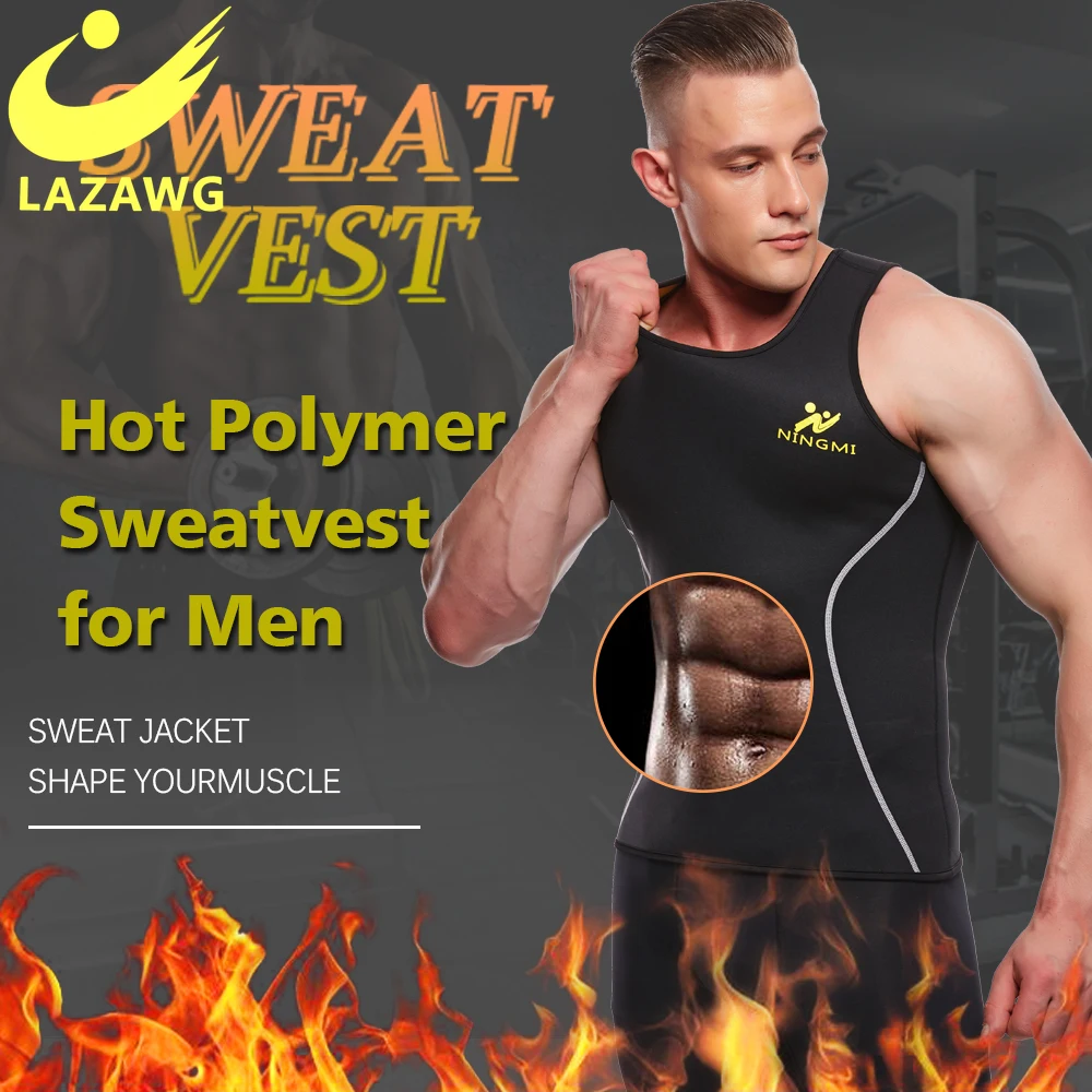 Lazawg conjuntos magros sauna terno para homens quente suor colete de fitness treino sauna camisas neoprene ginásio cintura formador corpo superior