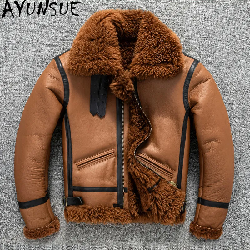 AYUNSUE Classic Genuine Sheepskin Shearling Jacket Warm Winter Fashion Real Fur Coat Lapel Men Clothing Lamb Fur Coats Jackets