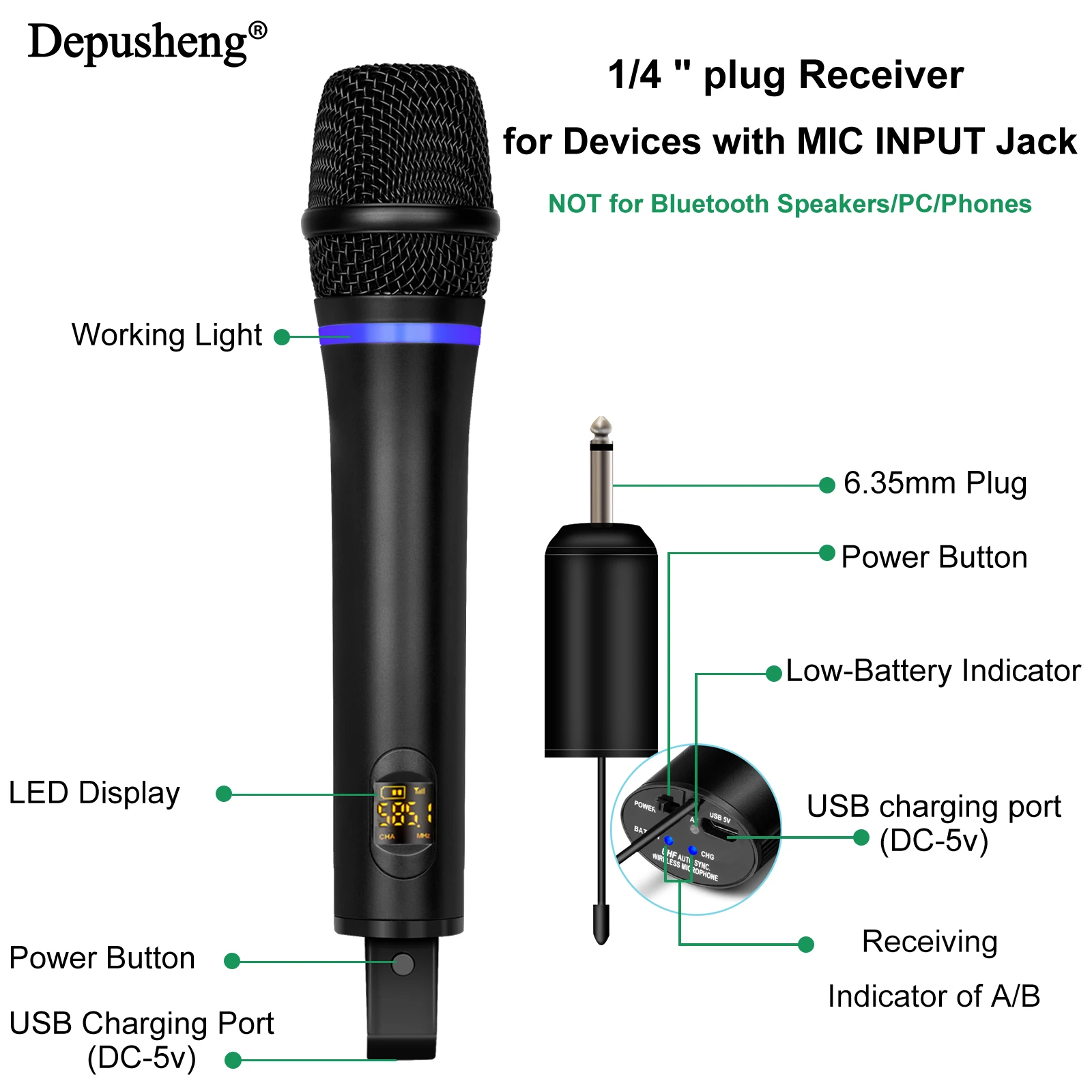 Microfono wireless Depusheng W7/W8 UHF Microfono karaoke portatile dinamico in metallo con ricevitore ricaricabile per matrimoni karaoke