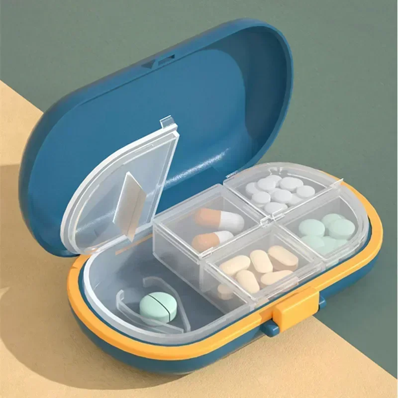 Pillenschneider mit unsichtbarer tragbarer Aufbewahrungspillenbox, 4-in-1-Mini-Medikamententablett, Medizin, staubdichter Trennwand, Pillen-Organizer, Brecher