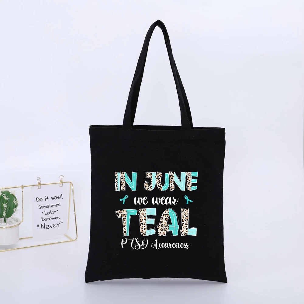 Teal Ribbon and Leopard Letter Print Canvas Tote Bag, Casual Style for June Awareness Events and Daily Shopping