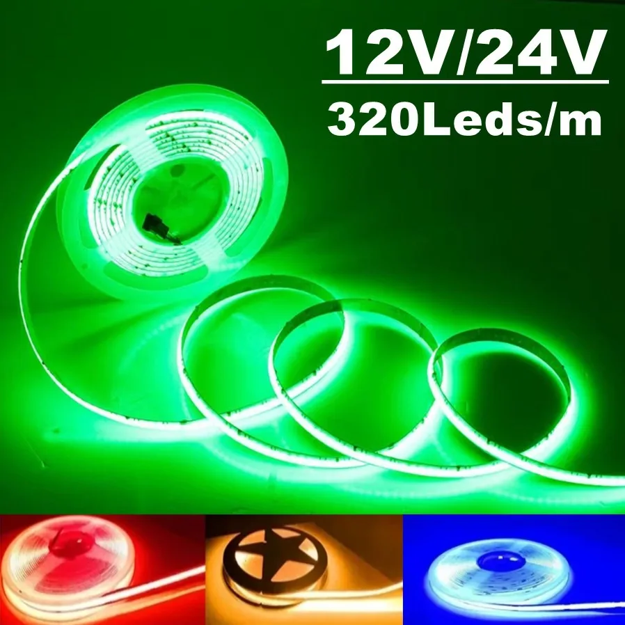 COB LED Strip Light High Density Linear Lighting 320Leds/m Flexible Tape Warm Natural White Red Blue Green DC12 24V LED Strip