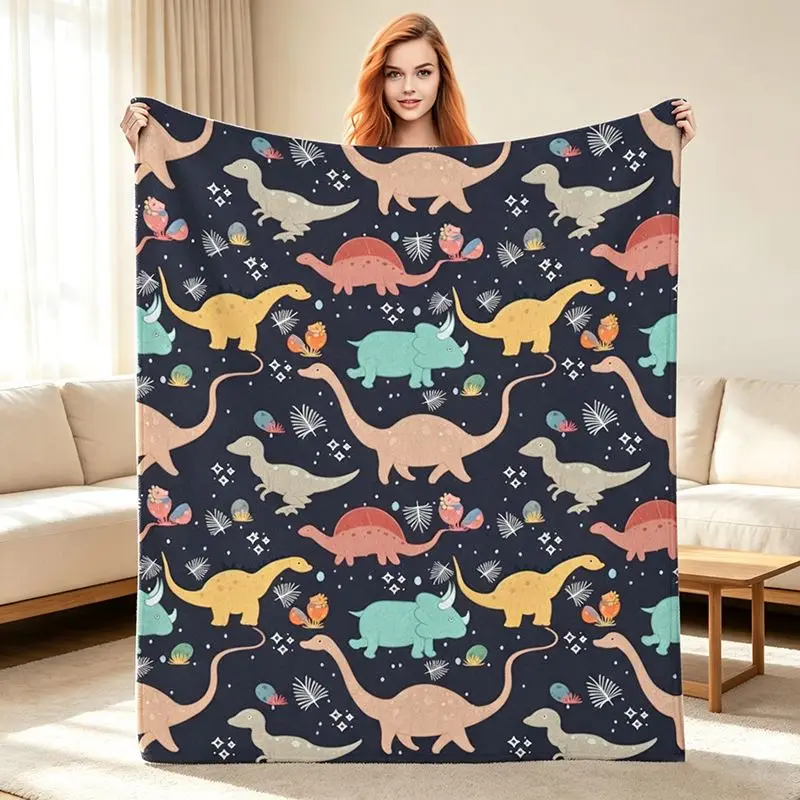 VIKAMA Navy Cartoon Dino Throw Cover Cute Jurassic Fossil Star Art For Kids Boys Girls Playroom Bed Cozy Lightweight Decor