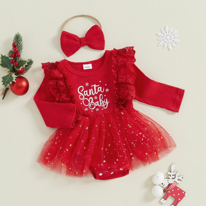 Suefunskry Baby Girls Christmas Romper Dress Letter Print Long Sleeve Jumpsuit and Cute Headband Set for Infant 2Pcs Outfits