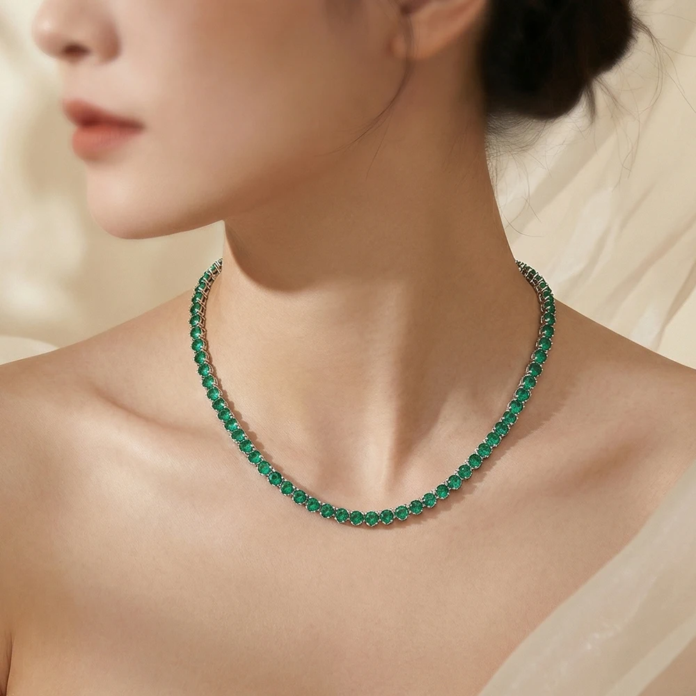 YLMyself Brass 4mm Green CZ Tennis Necklace Bracelet Pave Cubic Zirconia Hip Hop Rock Unisex Chain Jewelry 7-8/18-20 Inch