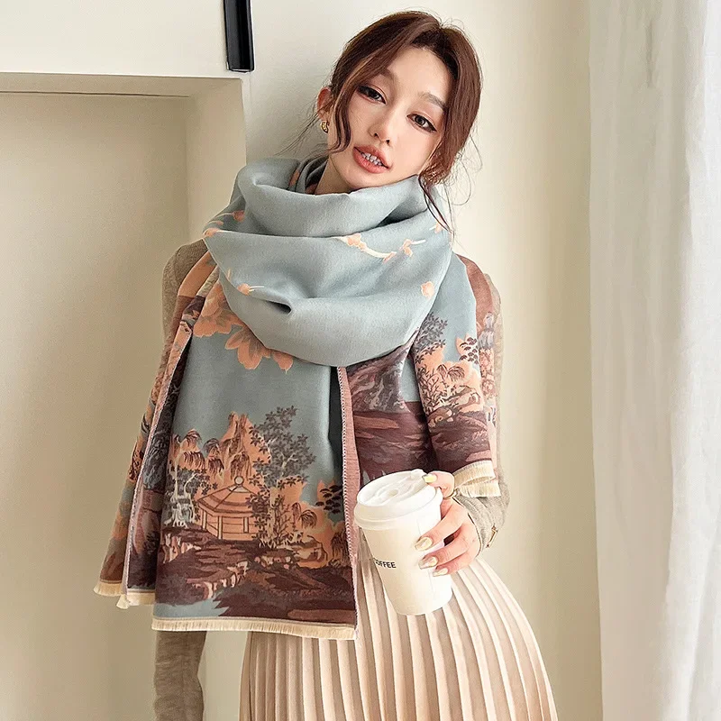 New Luxury Fashion Floral Thick Blanket Winter Warm Scarf for Women Cashmere Shawl Wraps Pashmina Scarf Stoles Bufanda Female