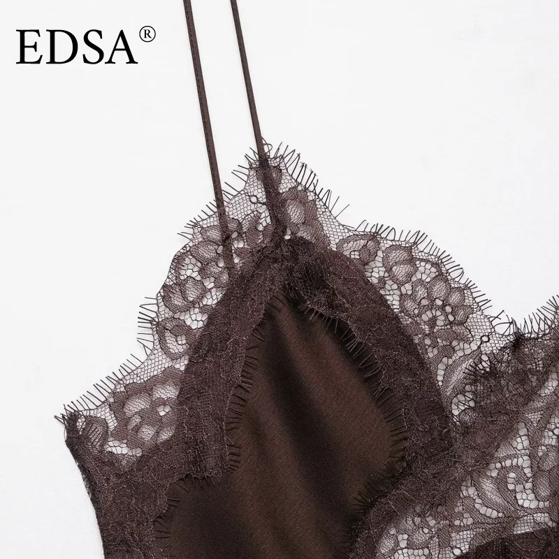 EDSA 女性用非対称レースサテンミニドレス ストラップ付き Vネック セクシーなショートドレス パーティー用