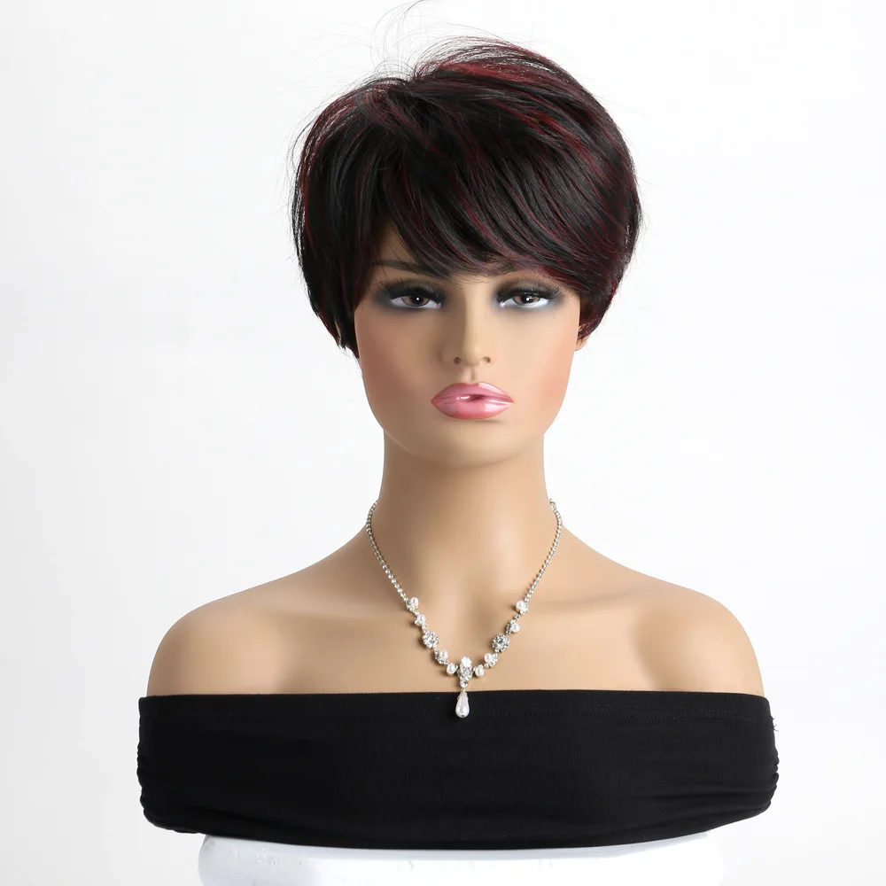 Short Synthetic Fluffy Curly Wigs Black Mixed Purple Red Wigs Ombre Fake Hair Wig with Bangs For Woman Daily Wear Wigs