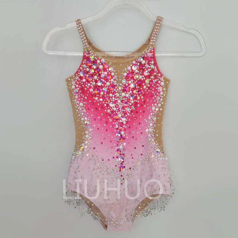 Red Simulation Flower Rhythmic Gymnastics Leotards Blue Flash Diamond Girls Competition Performance