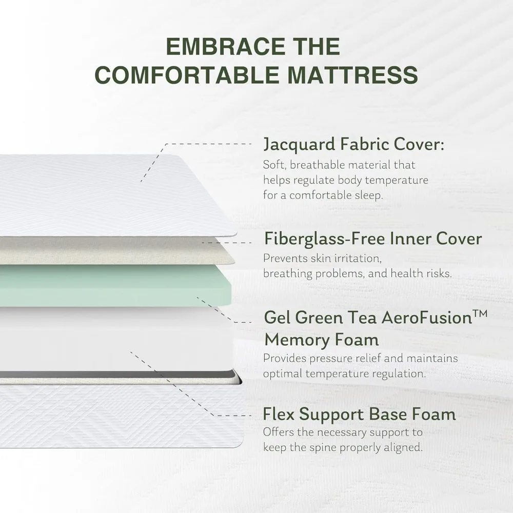 Mattress in a Box, Mattresses for Kids Bed Single Size Daybed Individual Bunk, Green Tea Memory Foam Medium Firm