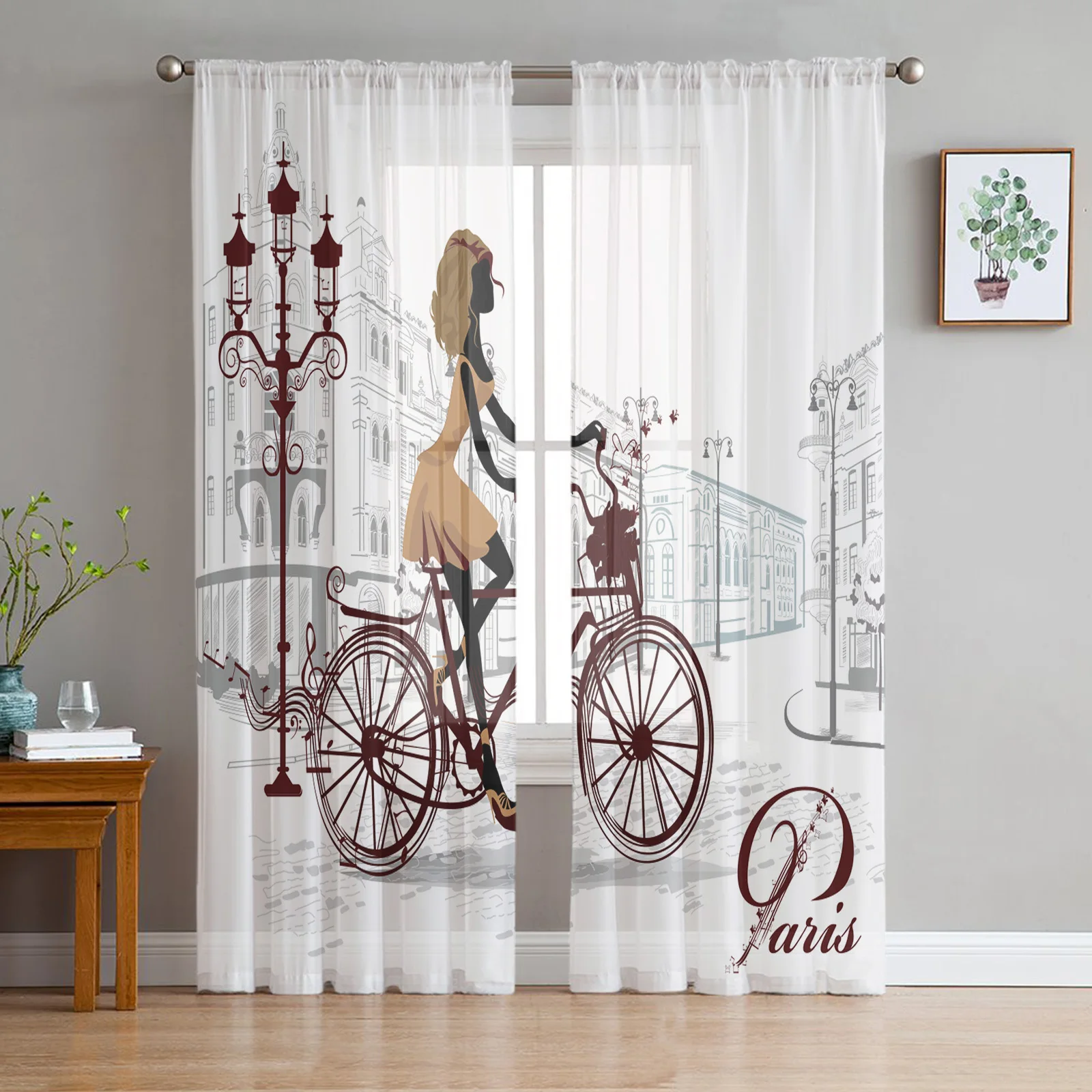 Bicycle Girl Street Romance Tulle Sheer Curtains for Living Room Bedroom the Room Kitchen Voile Organza Decoration Curtains