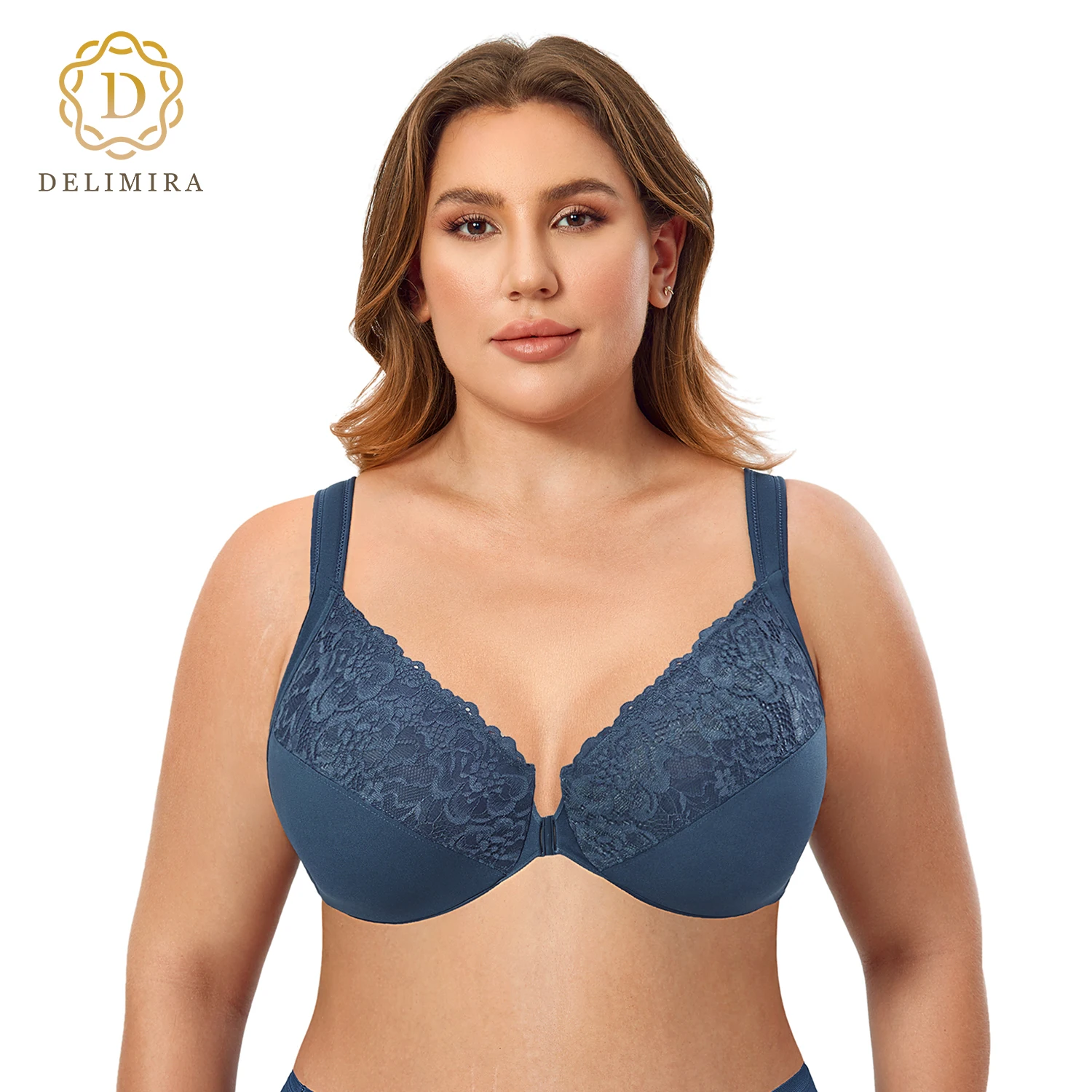 DELIMIRA Women\'s Front Closure Bras Cotton Plus Size Floral Lace Full Coverage Underwire Bra Non padded Smooth B C D DD E F