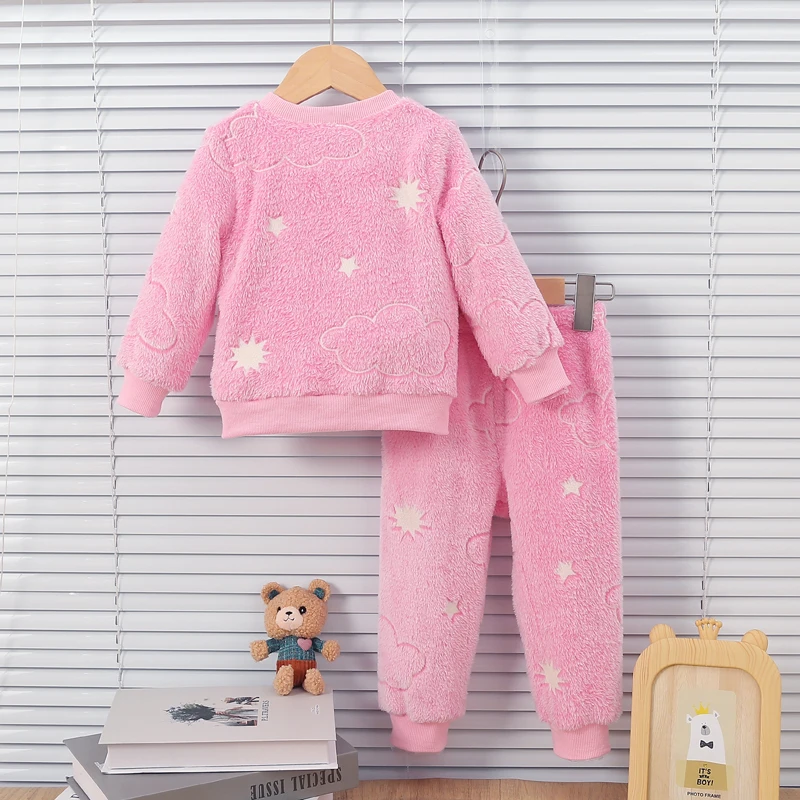 Baby Girl Pink Autumn/Winter Plush Night Fluorescent Home Fur Baby Warm Pajama Set Sweet Chid Accessories